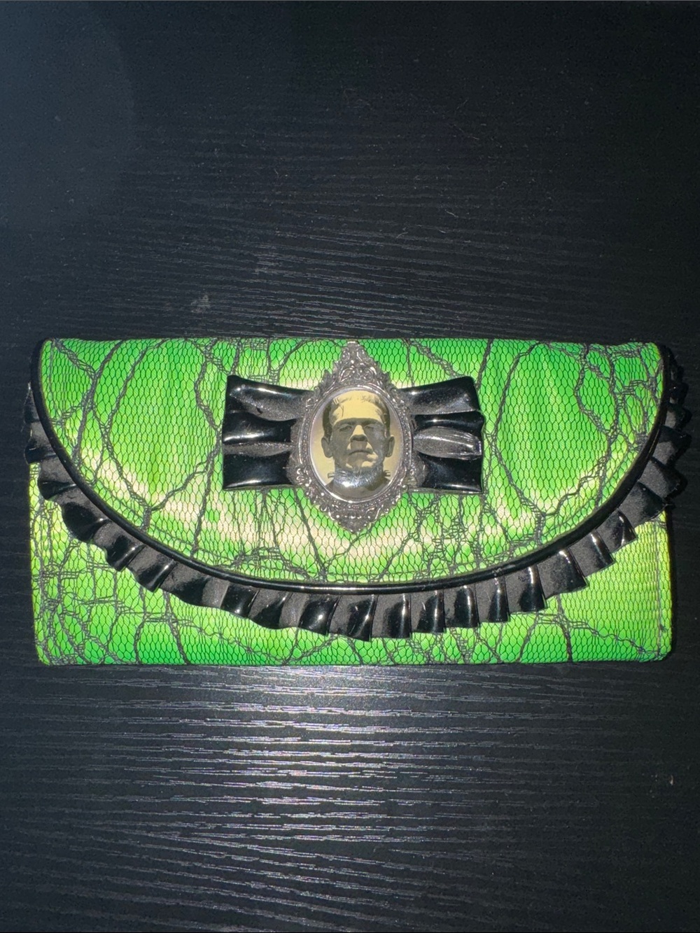 Green Graphic Clutch Wallet with Decorative Frankenstein Emblem